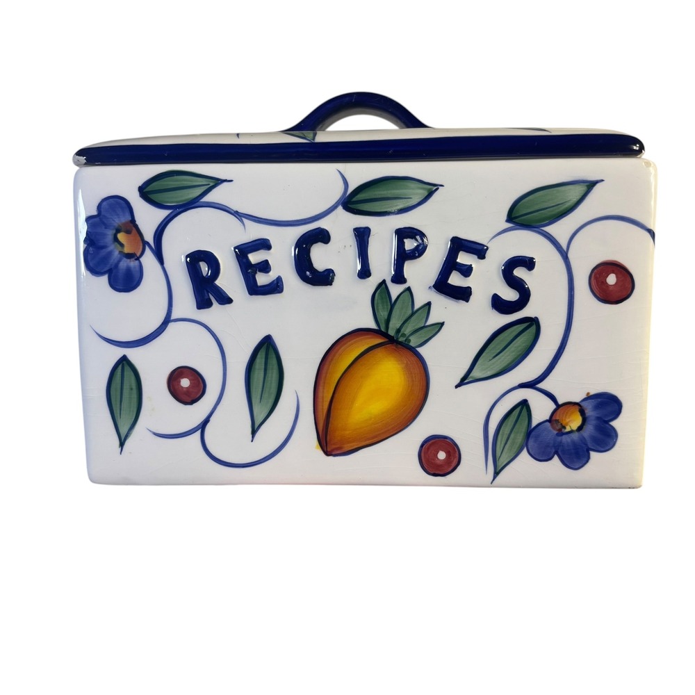Baum Bros Style-Eyes Rooster & Fruits Ceramic Recipe Box Hand Painted Farmhouse
